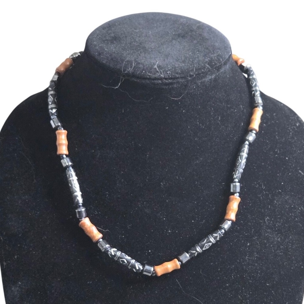 Vintage Black Carved Hematite and Wood Beaded Necklace 18" Screw Clasp
